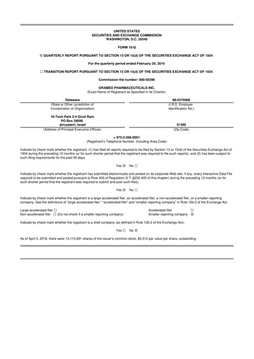 Miniature Oramed Pharmaceuticals 10-Q Rapport trimestriel 2016 