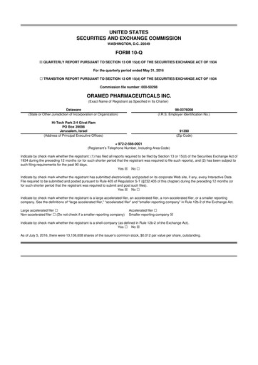 Miniature Oramed Pharmaceuticals 10-Q Rapport trimestriel 2016 