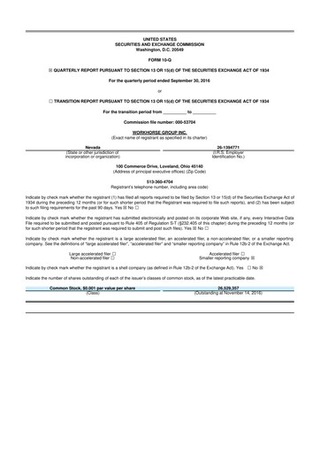 Miniature Workhorse Group
 10-Q Rapport trimestriel 2016 