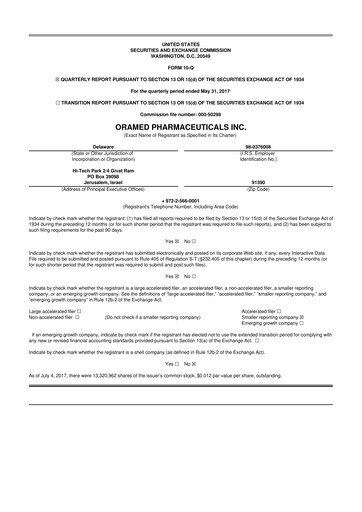 Miniature Oramed Pharmaceuticals 10-Q Rapport trimestriel 2017 
