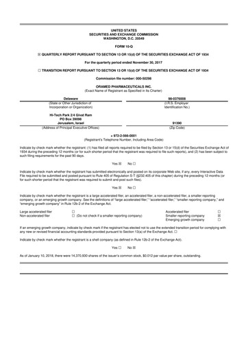 Miniature Oramed Pharmaceuticals 10-Q Rapport trimestriel 2018 