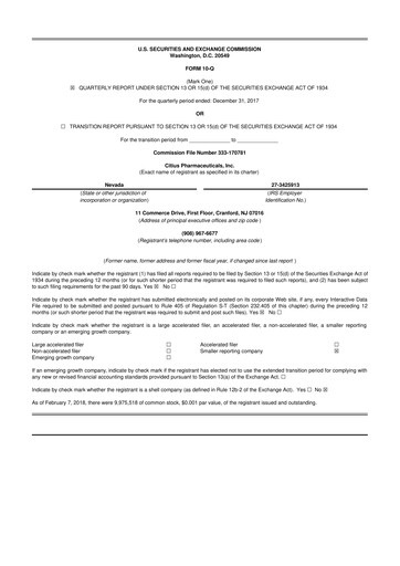 Thumbnail Citius Pharmaceuticals
 10-Q Quarterly Report FY2018 