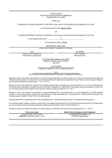 Miniature SB Financial Group 10-Q Rapport trimestriel 2018 