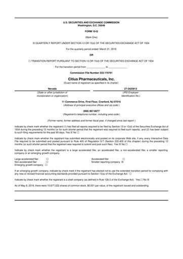 Thumbnail Citius Pharmaceuticals
 10-Q Quarterly Report FY2018 