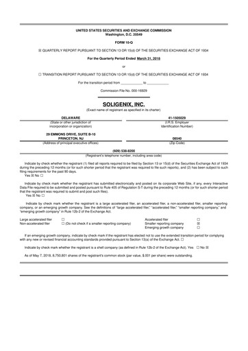 Thumbnail Soligenix 10-Q Quarterly Report FY2018 