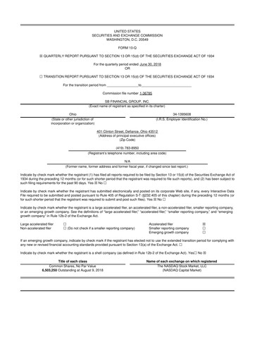 Miniature SB Financial Group 10-Q Rapport trimestriel 2018 
