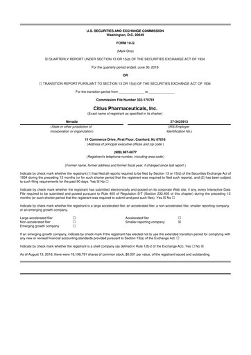 Thumbnail Citius Pharmaceuticals
 10-Q Quarterly Report FY2018 