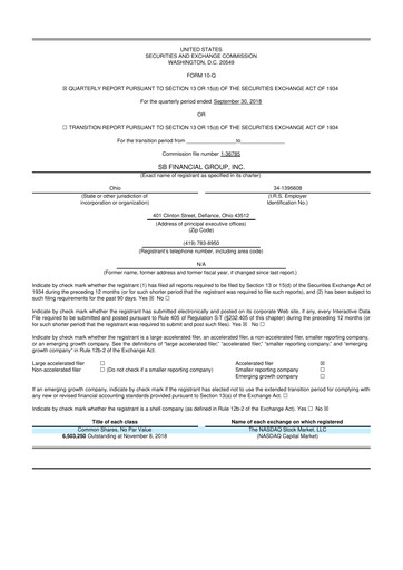 Miniature SB Financial Group 10-Q Rapport trimestriel 2018 