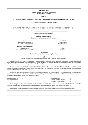 Thumbnail Relmada Therapeutics 10-Q Quarterly Report FY2019 