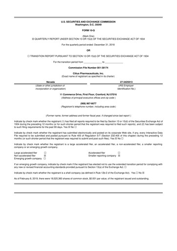 Thumbnail Citius Pharmaceuticals
 10-Q Quarterly Report FY2019 