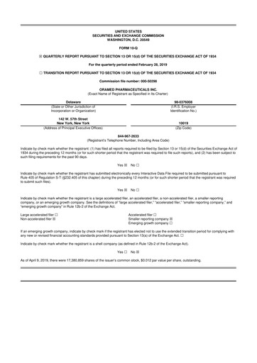 Miniature Oramed Pharmaceuticals 10-Q Rapport trimestriel 2019 