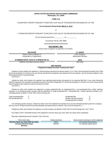 Thumbnail Soligenix 10-Q Quarterly Report FY2019 