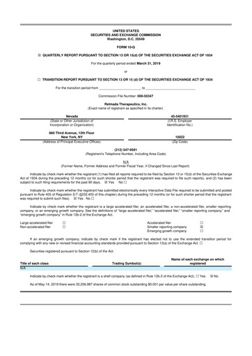 Thumbnail Relmada Therapeutics 10-Q Quarterly Report FY2019 