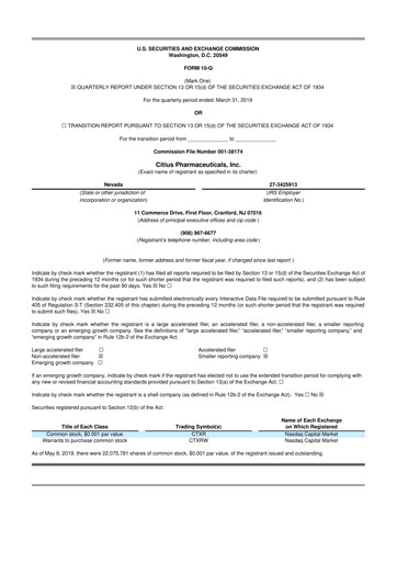 Thumbnail Citius Pharmaceuticals
 10-Q Quarterly Report FY2019 