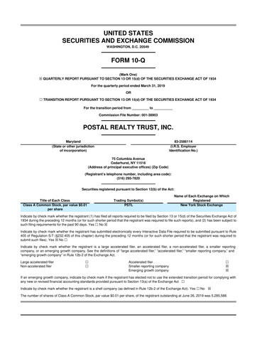 Miniature Postal Realty Trust 10-Q Rapport trimestriel 2019 