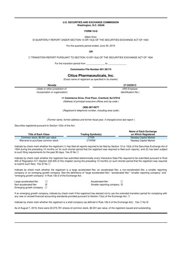 Thumbnail Citius Pharmaceuticals
 10-Q Quarterly Report FY2019 