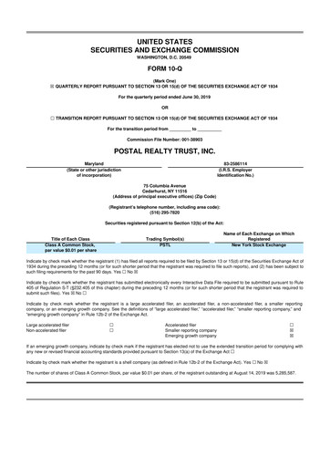 Miniature Postal Realty Trust 10-Q Rapport trimestriel 2019 