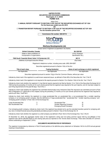 Miniature NioCorp Developments 10-K Rapport annuel 2019