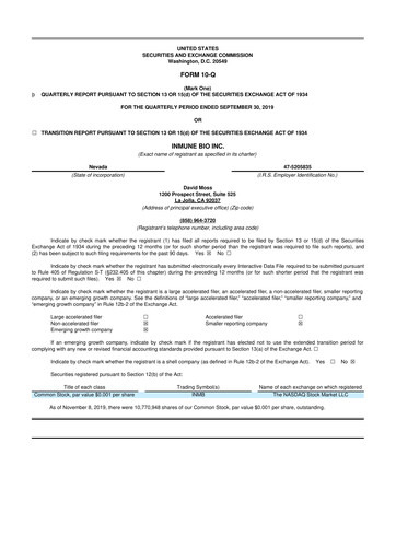 Miniature INmune Bio 10-Q Rapport trimestriel 2019 