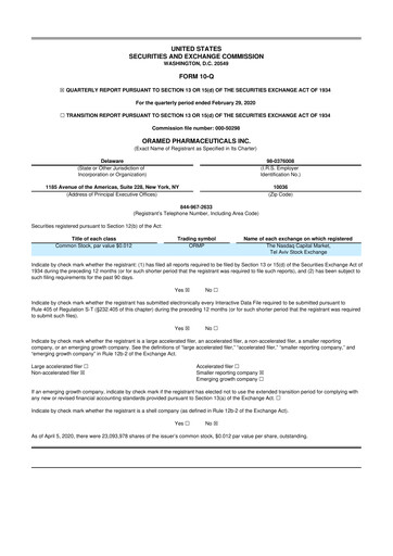Miniature Oramed Pharmaceuticals 10-Q Rapport trimestriel 2020 