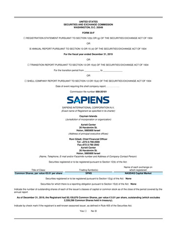 Thumbnail Sapiens International Corporation 20-F Annual Report 2019
