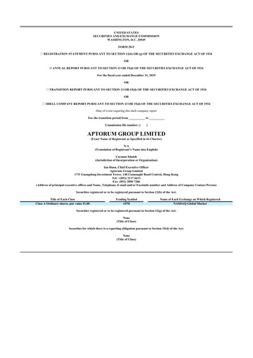 Thumbnail Aptorum Group
 20-F Annual Report 2019