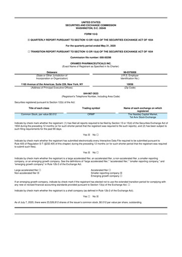 Miniature Oramed Pharmaceuticals 10-Q Rapport trimestriel 2020 