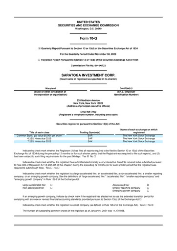 Thumbnail Saratoga Investment 10-Q Quarterly Report FY 