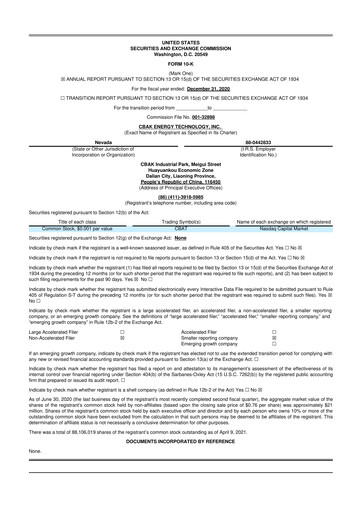 Thumbnail CBAK Energy Technology 10-K Annual Report 2020