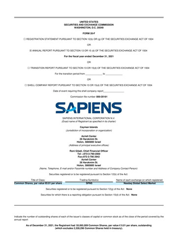 Thumbnail Sapiens International Corporation 20-F Annual Report 2021