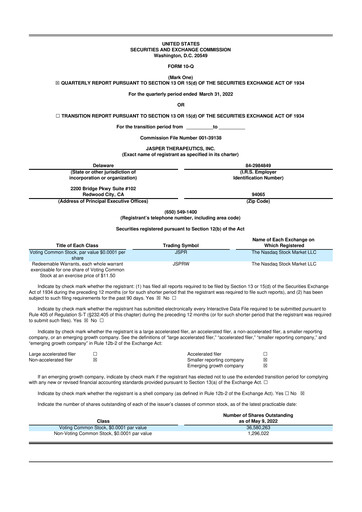 Thumbnail Jasper Therapeutics 10-Q Quarterly Report FY2022 