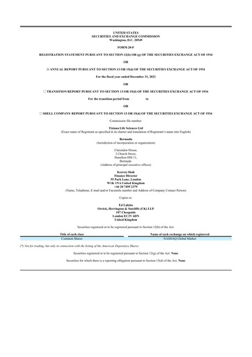 Thumbnail Tiziana Life Sciences 20-F Annual Report 2021