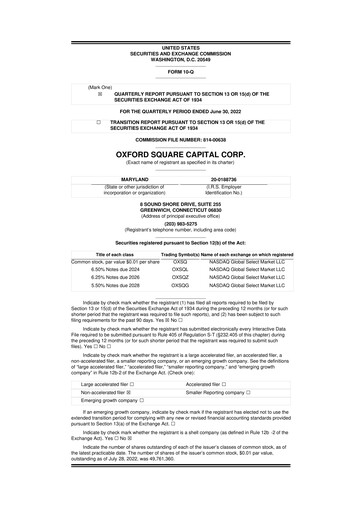 Miniature Oxford Square Capital
 10-Q Rapport trimestriel  