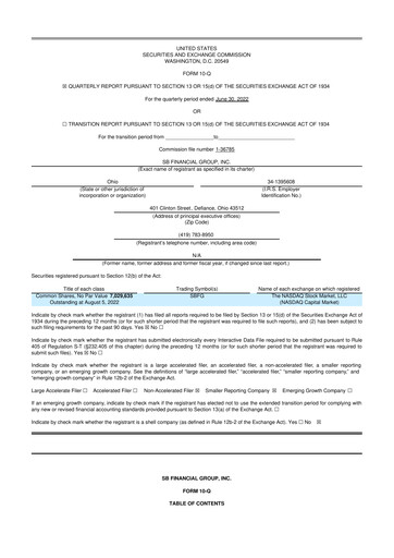 Miniature SB Financial Group 10-Q Rapport trimestriel 2022 
