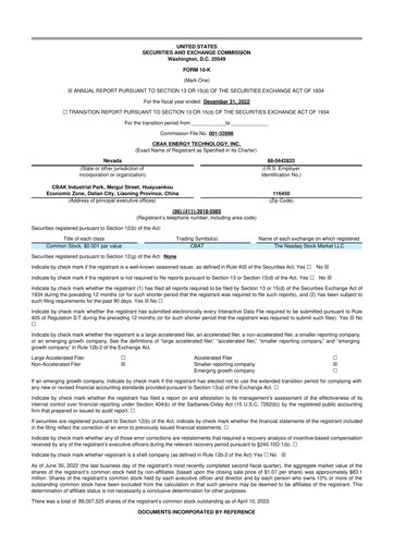 Thumbnail CBAK Energy Technology 10-K Annual Report 2022