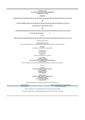 Thumbnail Tiziana Life Sciences 20-F Annual Report 2024