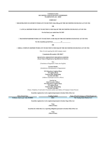 Thumbnail Regencell Bioscience 20-F Annual Report 2025