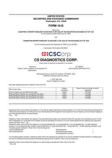 Miniature CS Diagnostics 10-Q Rapport trimestriel  