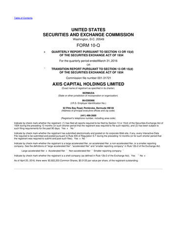 Miniature AXIS Capital
 10-Q Rapport trimestriel 2016 