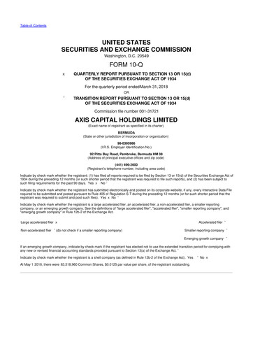Miniature AXIS Capital
 10-Q Rapport trimestriel 2018 