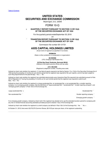 Miniature AXIS Capital
 10-Q Rapport trimestriel 2018 