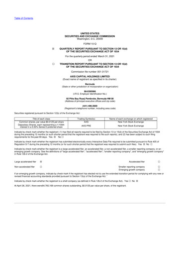 Miniature AXIS Capital
 10-Q Rapport trimestriel 2021 
