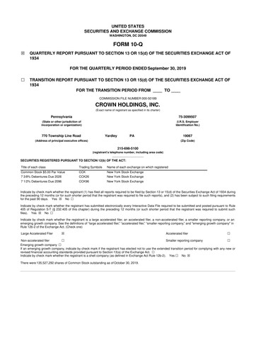 Thumbnail Crown Holdings
 10-Q Quarterly Report FY2019 