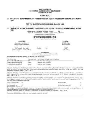 Thumbnail Crown Holdings
 10-Q Quarterly Report FY2020 
