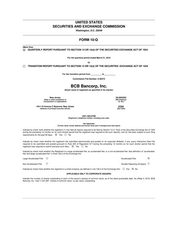 Miniature BCB Bancorp 10-Q Rapport trimestriel 2016 