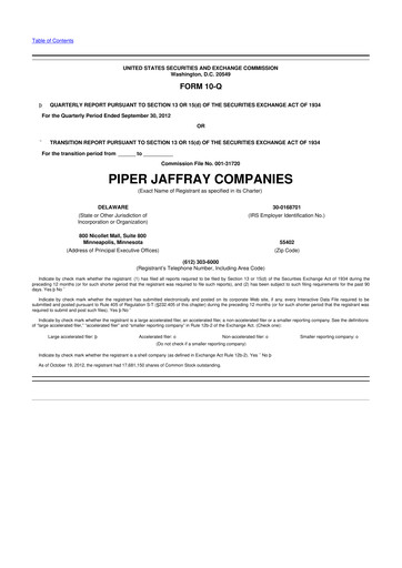 Miniature Piper Sandler
 10-Q Rapport trimestriel 2012 