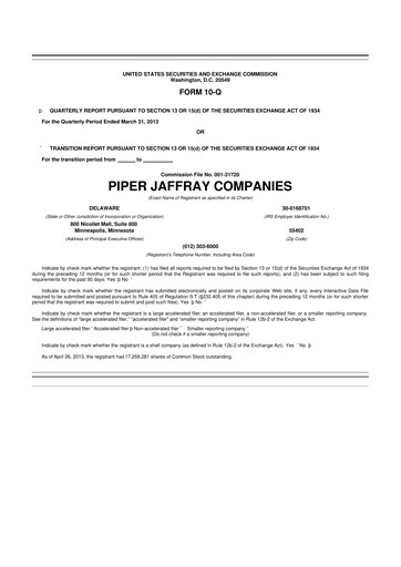 Miniature Piper Sandler
 10-Q Rapport trimestriel 2013 