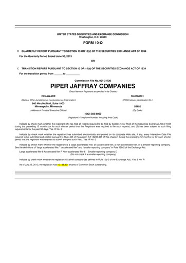 Miniature Piper Sandler
 10-Q Rapport trimestriel 2013 