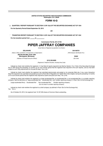 Miniature Piper Sandler
 10-Q Rapport trimestriel 2015 