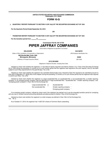 Miniature Piper Sandler
 10-Q Rapport trimestriel 2018 